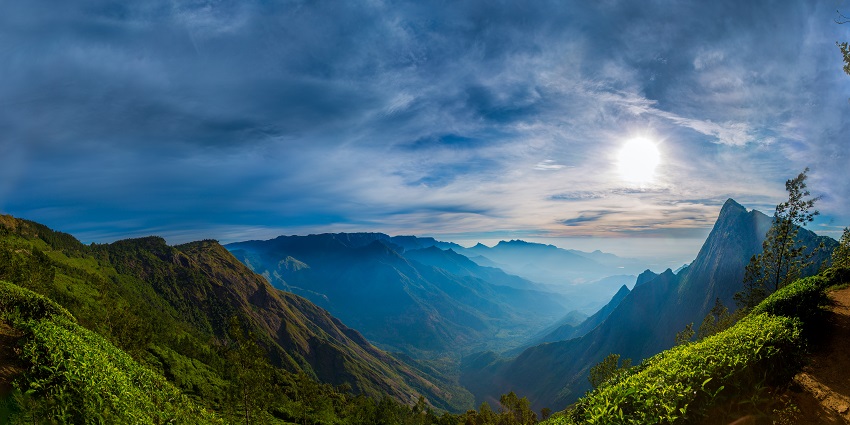 Picturesque view of Theni Valley from Kolukkumalai in Munnar, Kerala.