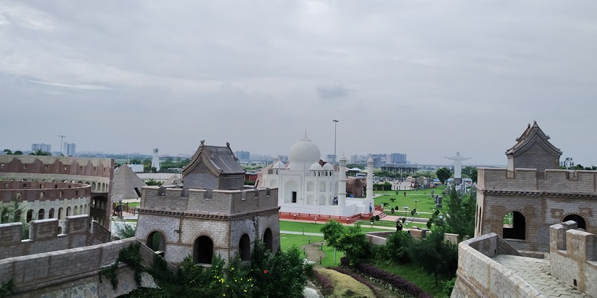 View of the miniature of the 8 Wonders of the World surrounded by a well-managed garden