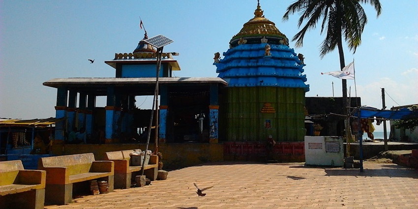 Kalijai temple with its traditional Hindu architecture and solar panel streetlights