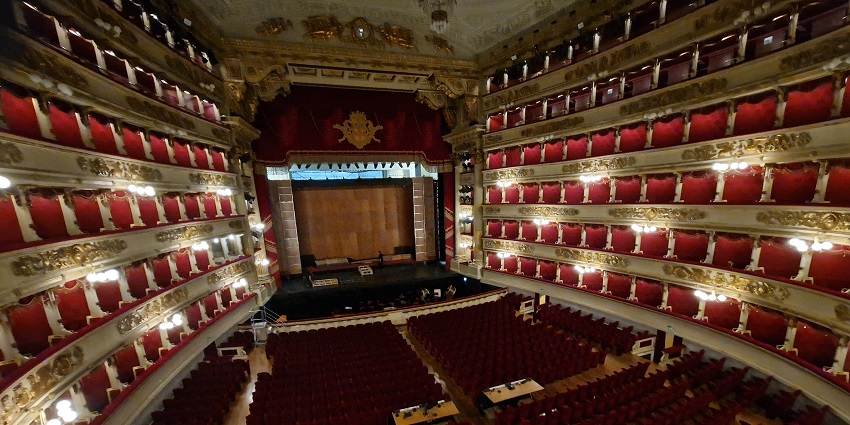 A panoramic shot of the interiors of the La Scala Opera House