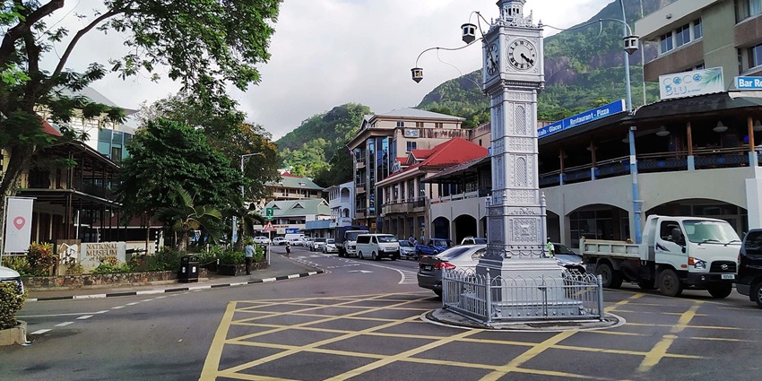 The iconic Victoria Clock Tower in Seychelles, a historic landmark in the capital city.