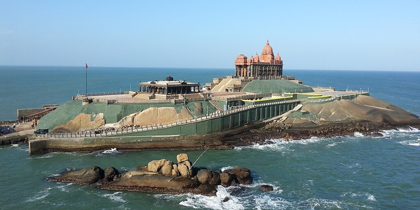 A serene monument dedicated to Swami Vivekananda, located amidst the ocean.