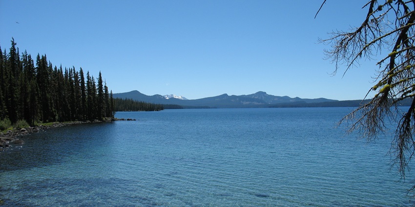 A wide view of Waldo Lake shows its crystal clear and shallow water near the banks.