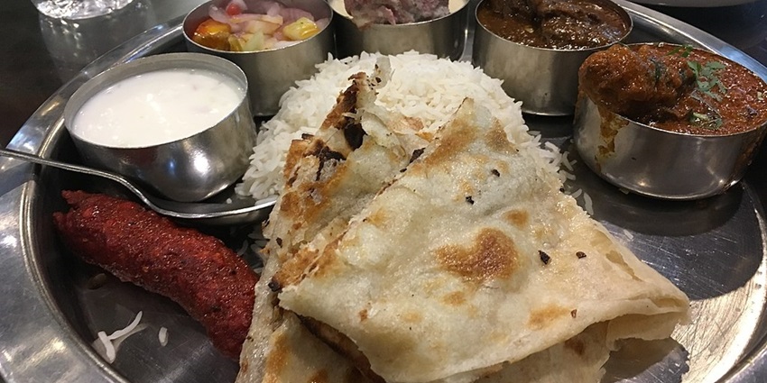 Non-vegetarian plate with different dishes of Jammu and Kashmir near Manasbal Lake in Kashmir.