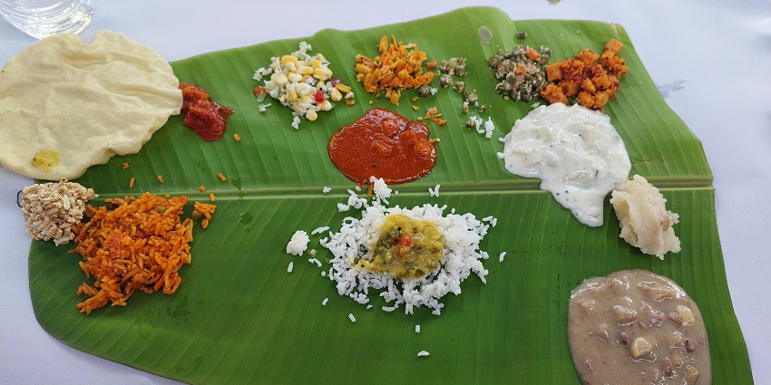 Traditional Karnataka food served in Banana leaf.