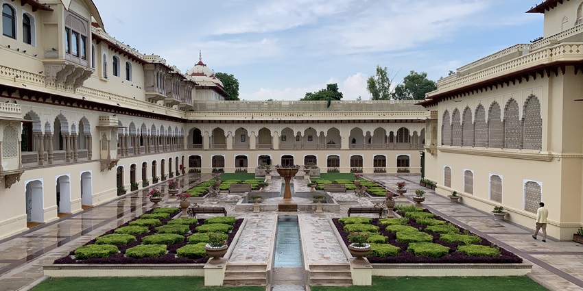 Rambagh Palace Hotel, an accommodation as mentioned in the Jaipur travel guide.