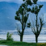 The scenic view of the Wular Lake, surrounded by mountains and greenery and clear sky.