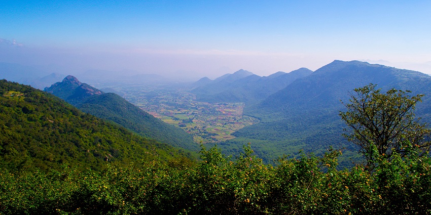 An image showing Yercaud's Valley View in rural Tamil Nadu, India, with scenic hills and villages.