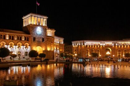 Beautifully lit Republic Square, a place reflecting vibrant Yerevan Nightlife.