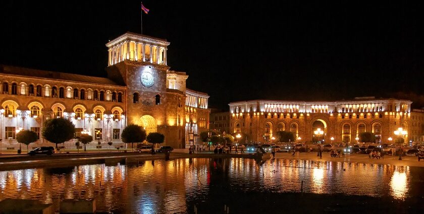 Beautifully lit Republic Square, a place reflecting vibrant Yerevan Nightlife.