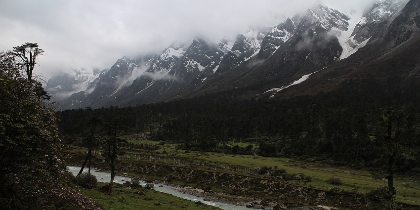 An image of Yumthang Valley, best valley in India, surrounded by the Himalayan mountains