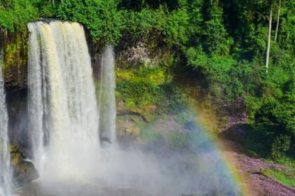 The Agbokim Waterfalls Nigeria is seen surrounded by dense greenery and a rainbow mist.