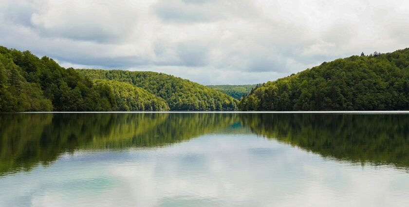 Dimna Lake with a large still water body, distant green shores and mountains in the back