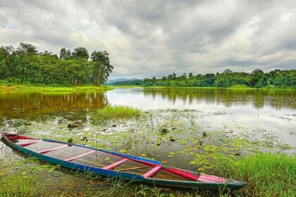 A picture of Chandubi Lake, peaceful natural lakes in Assam, surrounded by views.