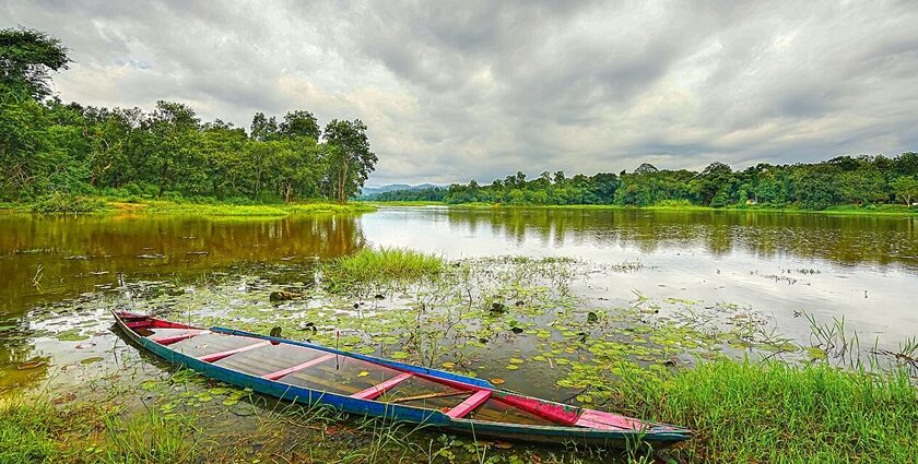 A picture of Chandubi Lake, peaceful natural lakes in Assam, surrounded by views.