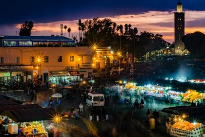 Vibrant Morocco nightlife with a spectacular location shimmering with lights.