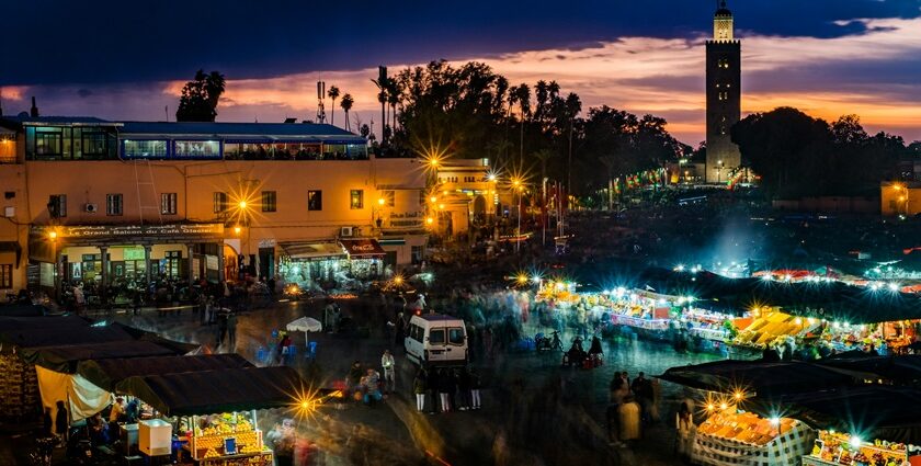 Vibrant Morocco nightlife with a spectacular location shimmering with lights.