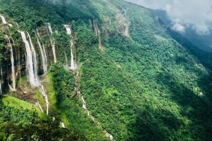 An image of waterfall in shillong, one of the places to visit in March in India for couples