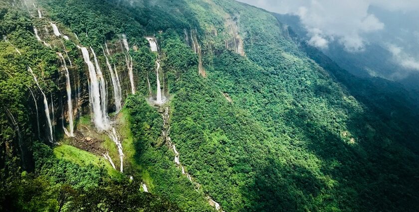 An image of waterfall in shillong, one of the places to visit in March in India for couples