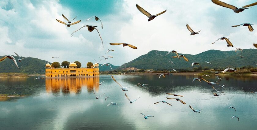 Birds flying over the lake in Jaipur, one of the places to visit in North India in December.