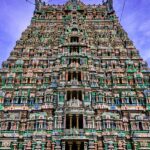 Full view shot of the vibrant and colourful Rajagopalaswamy Temple in Tamil Nadu.