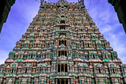 Full view shot of the vibrant and colourful Rajagopalaswamy Temple in Tamil Nadu.