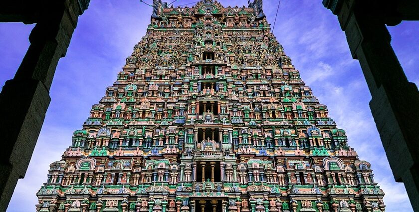 Full view shot of the vibrant and colourful Rajagopalaswamy Temple in Tamil Nadu.