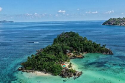 Aerial view of the Seychelles with its white-sand beaches and tropical terrain