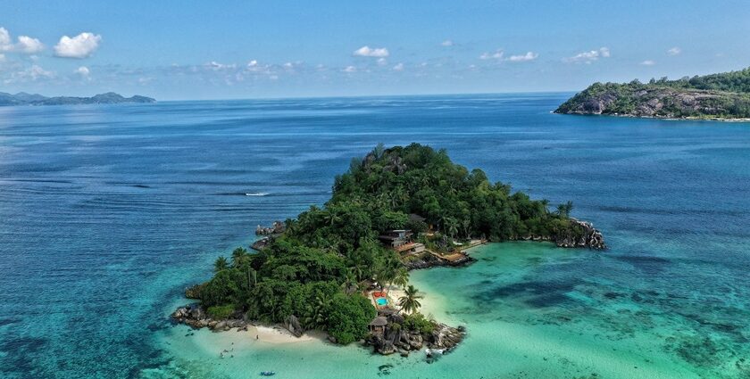 Aerial view of the Seychelles with its white-sand beaches and tropical terrain