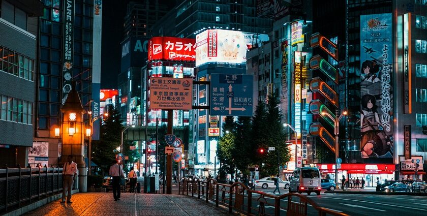 A Tokyo nightlife spot, Shibuya Crossing with bright billboards and endless foot traffic