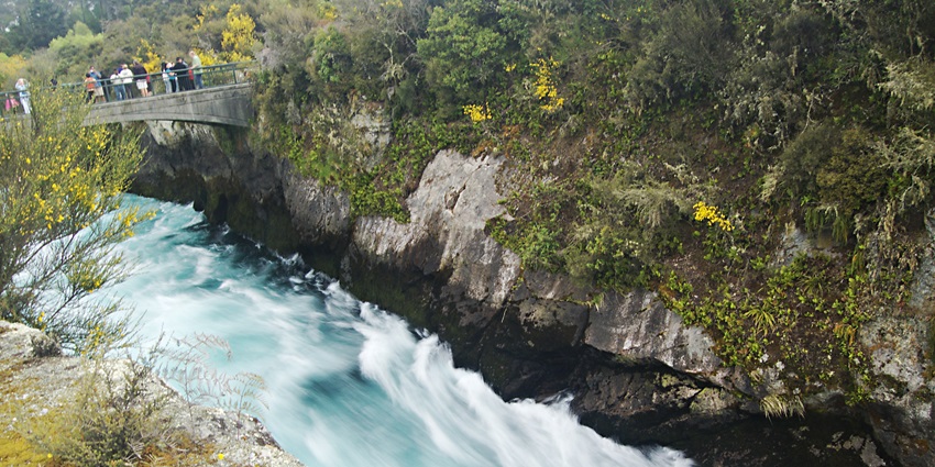 An image of the Huka Falls, a famous tourist destination to visit in Taupo, New Zealand.