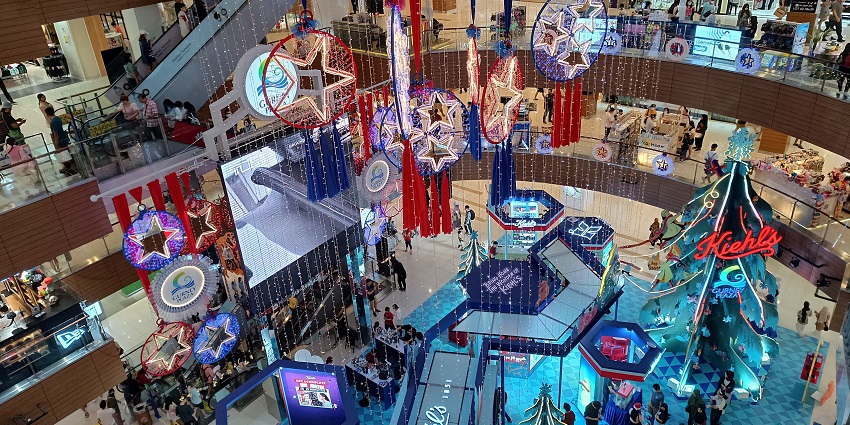 Christmas props and fairy lights decoration in the interior of Gurney Plaza, Penang.