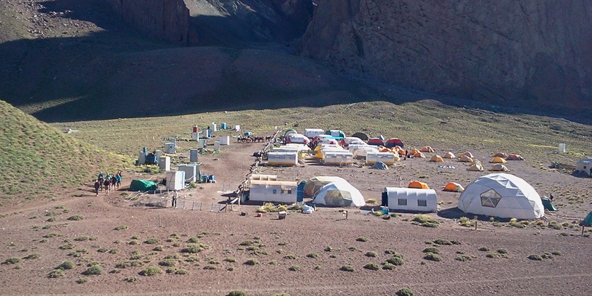 Barren terrain of the Aconcagua Trek in Argentina, one of the places for trekking in February.