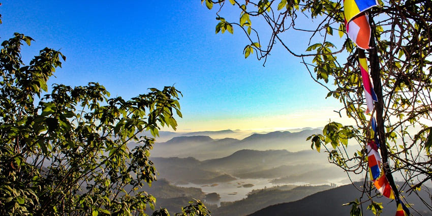 A green mountain peak surrounded by dense trees at the Adam’s Peak Trek in Sri Lanka.