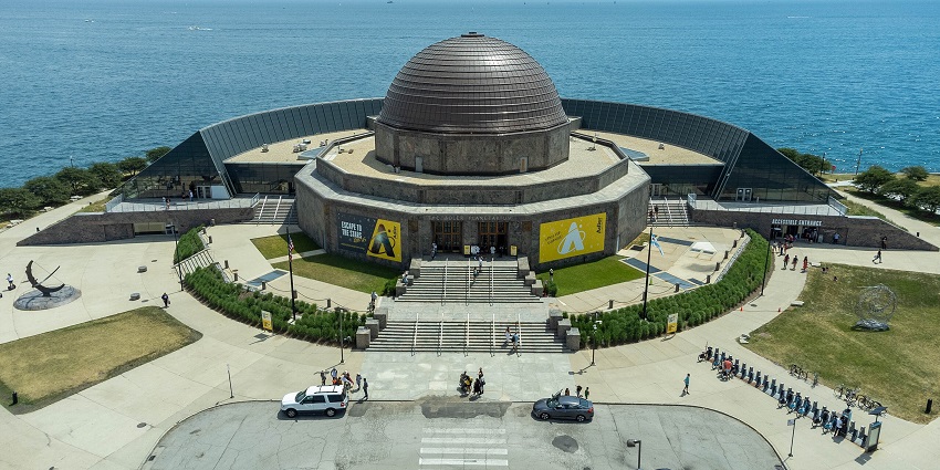 A complete view of the dome-shaped space museum, the Adler Planetarium in Chicago.