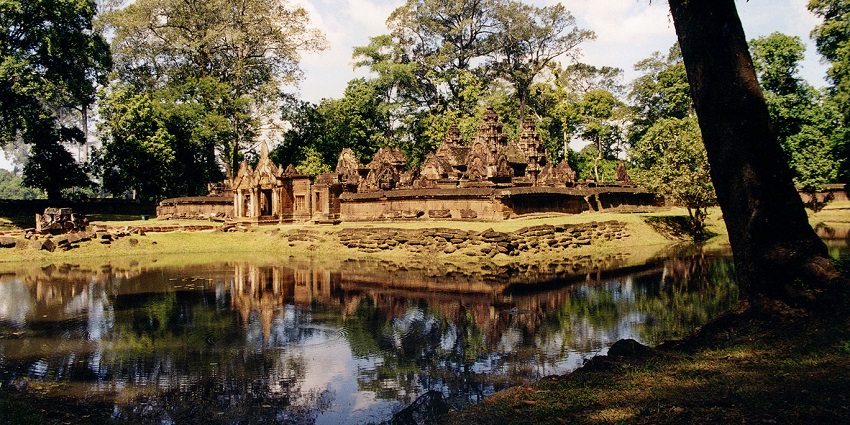 Image of Banteay Srei temple in Cambodia, showcasing detailed pink sandstone.