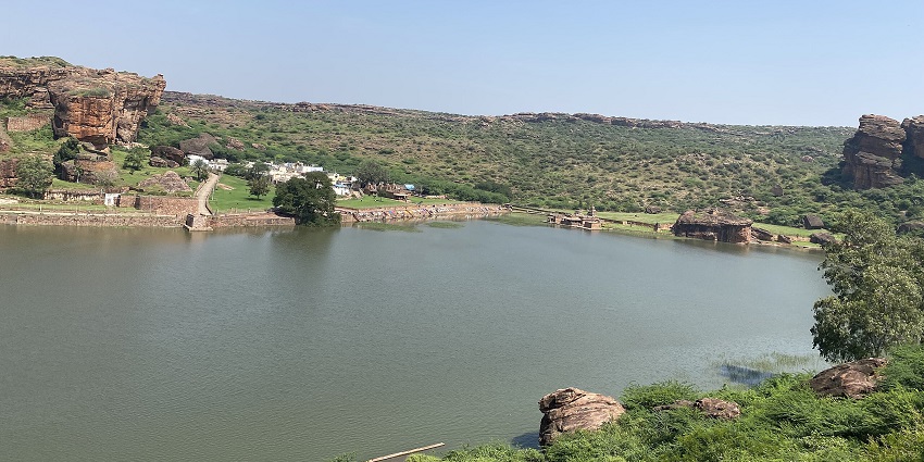 View of Agastya Lake from the caves, showing the lake and surrounding rock formations
