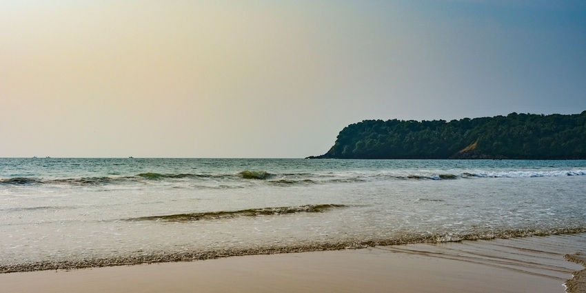 An image of Agonda Beach, Goa, with golden sand, clear blue water, and swaying palm trees.