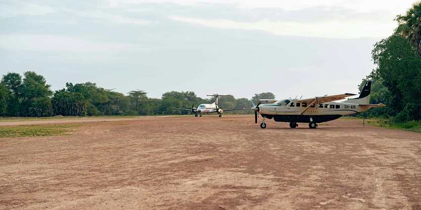 Two aircraft standing at a distance from each other on a dirt runway surrounded by greenery