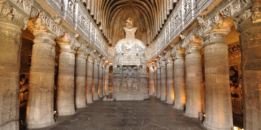 Vivid rock cut caves in Ajanta beautifully display ancient art and spirituality.