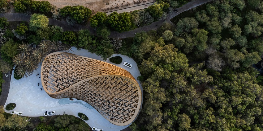 Aerial view of the bridge connecting Al Noor Island to the holy Al Noor Mosque Sharjah.