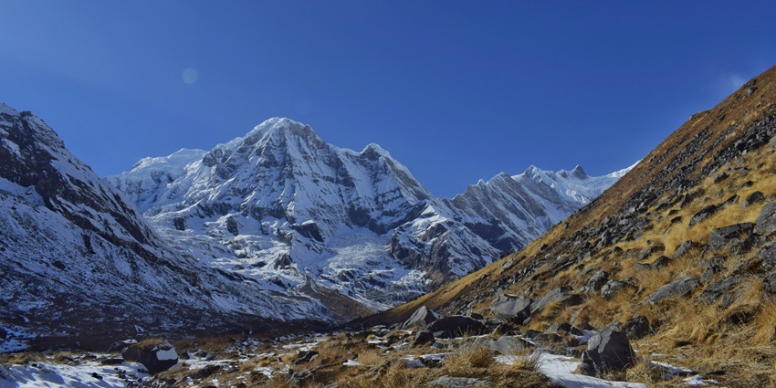 Trekkers walking through scenic trails with stunning views of Annapurna and Machapuchare.