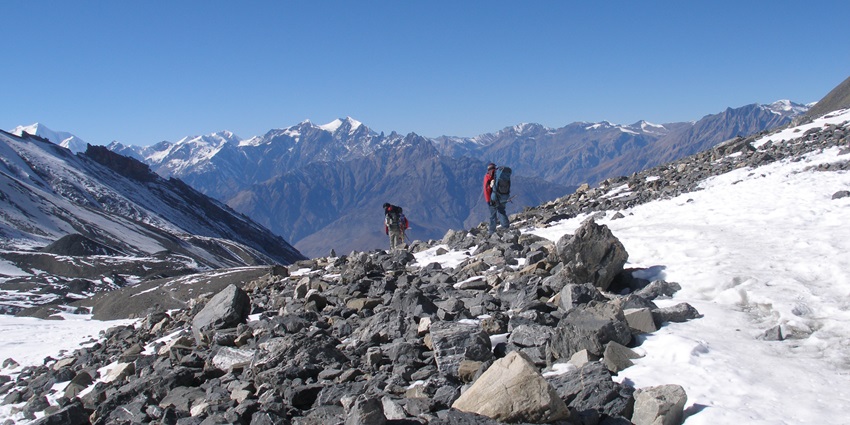 Hikers at the Annapurna Circuit Trek, one of the places for trekking in February.