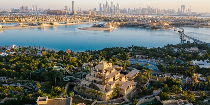 A water park at Atlantis, The Palm, known for record-breaking slides and marine encounters