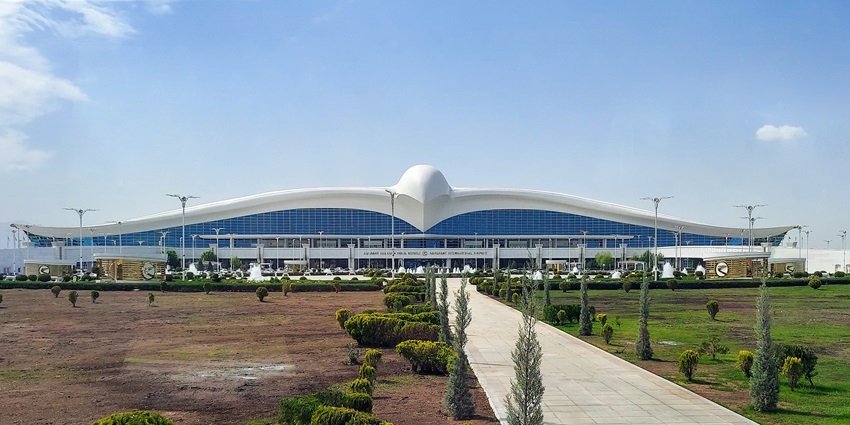 The bird-shaped entrance of the main terminal of Ashgabat International Airport.