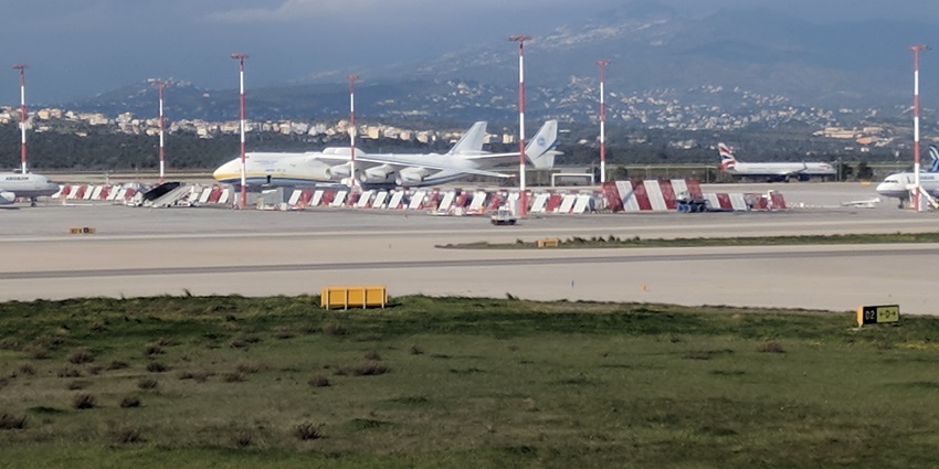 An image of Antonov An-225 Mriya cargo plane parked at Athens International Airport runway