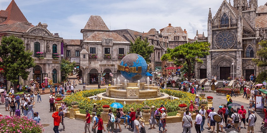 Ba Na Hills in Da Nang, Vietnam, featuring the Golden Bridge and landscapes.