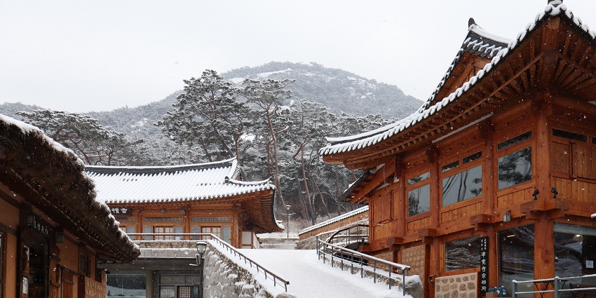 A stunning view of Baengnyeonsa Temple, a historic site resembling the famous temples.