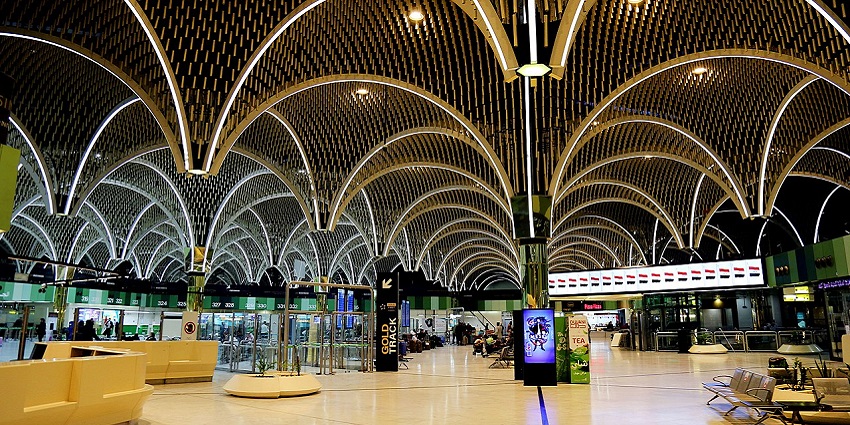 Baghdad International Airport's interior with modern architecture, one of the airports in Iraq.