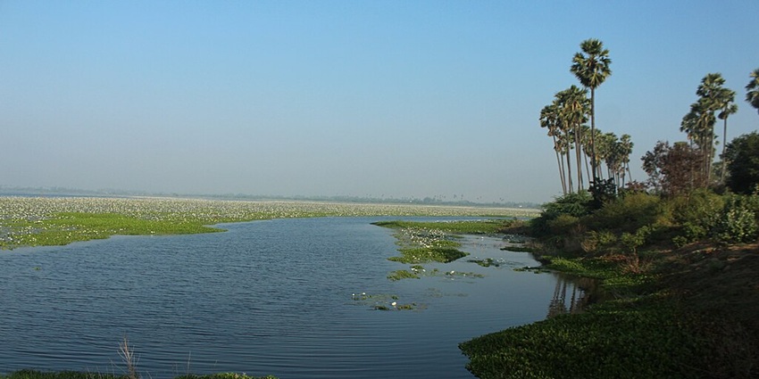 Bahour Lake’s vast blue waters shimmer under the sun, bordered by trees and open skies.